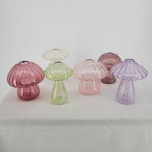 6pc Mushroom Glass Bud Vase Set Colorful Fluted Cottagecore Home Decor Assorted